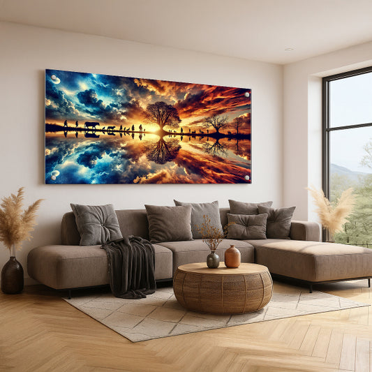 תמונת זכוכית שקיעה דרמטית עם עץ והשתקפות