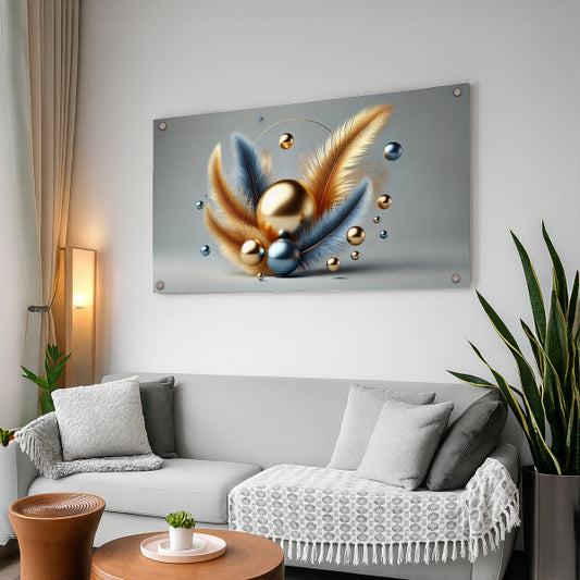 תמונת זכוכית נוצות זהב וכחול