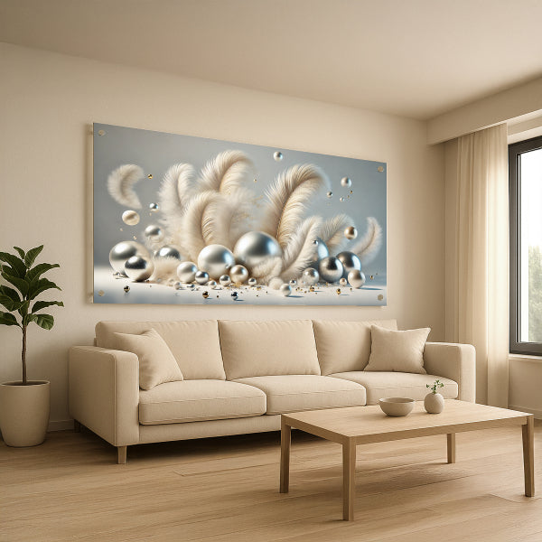 תמונת זכוכית נוצות עדינות ופנינים כסופות בעיצוב יוקרתי