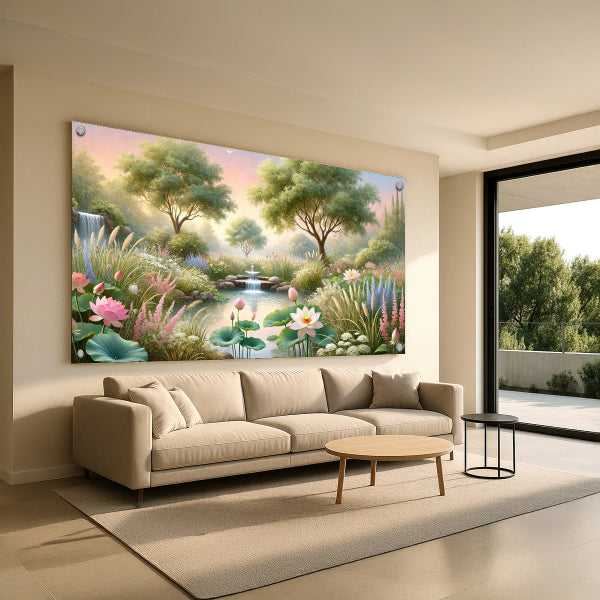 תמונת זכוכית גן פורח ומים זורמים