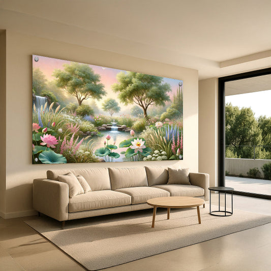 תמונת זכוכית גן פורח ומים זורמים