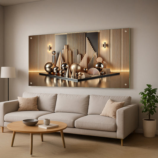 תמונת זכוכית גאומטרית זהובה עם תאורה חמה