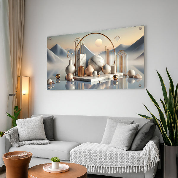 תמונת זכוכית גיאומטרית מודרנית בצבעי זהב ותכלת