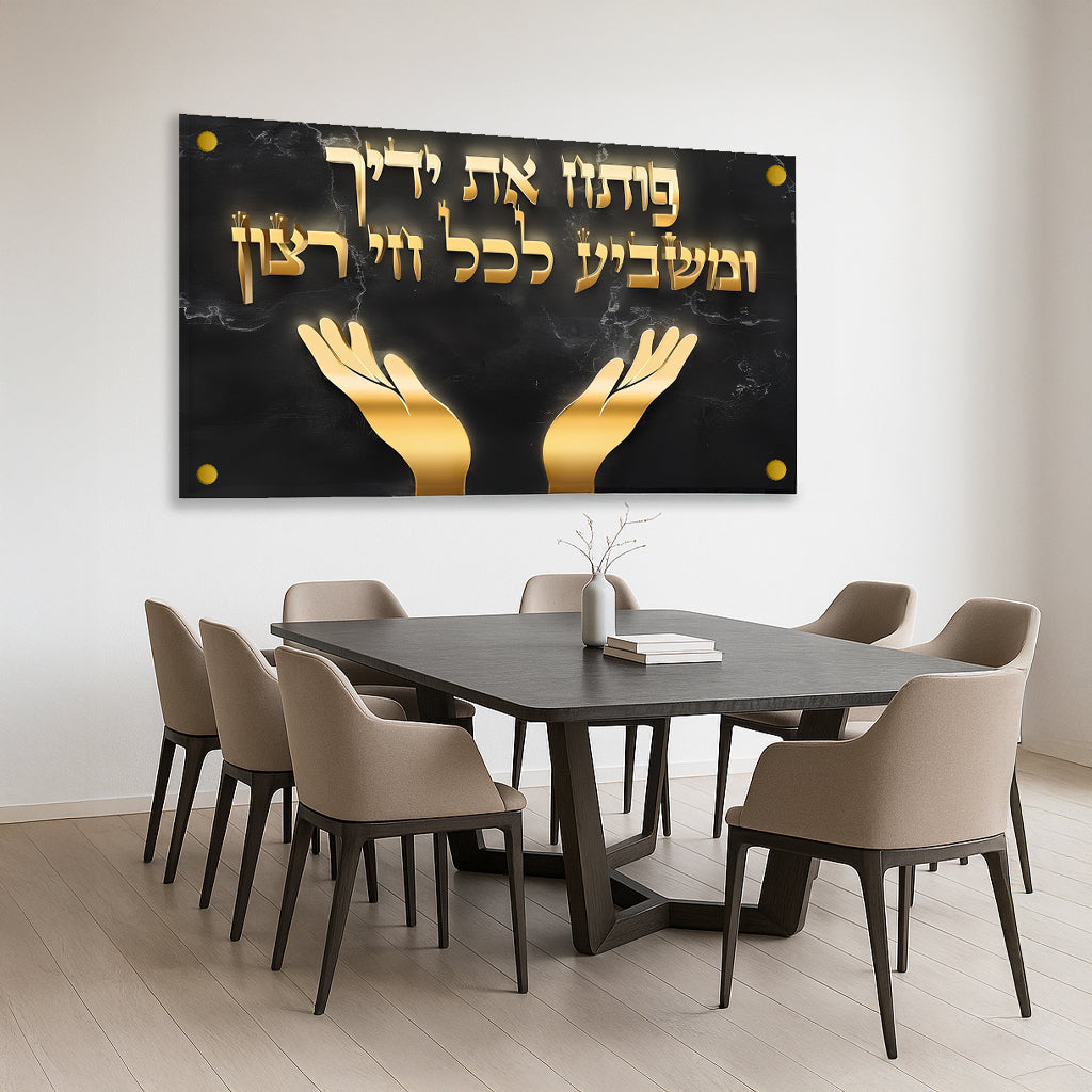 ברכת פותח את ידיך בעיצוב זהב על רקע שחור – תמונת זכוכית יוקרתית