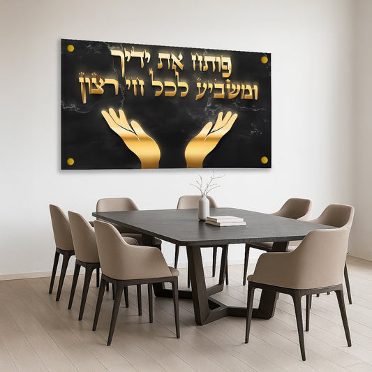 ברכת פותח את ידיך בעיצוב זהב על רקע שחור – תמונת זכוכית יוקרתית