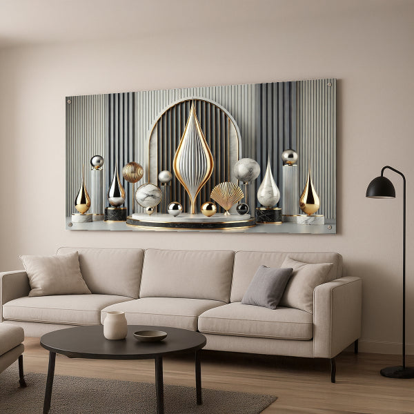 תמונת זכוכית בעיצוב זהב ושיש עם אלמנטים סימטריים מודרניים