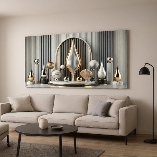 תמונת זכוכית בעיצוב זהב ושיש עם אלמנטים סימטריים מודרניים