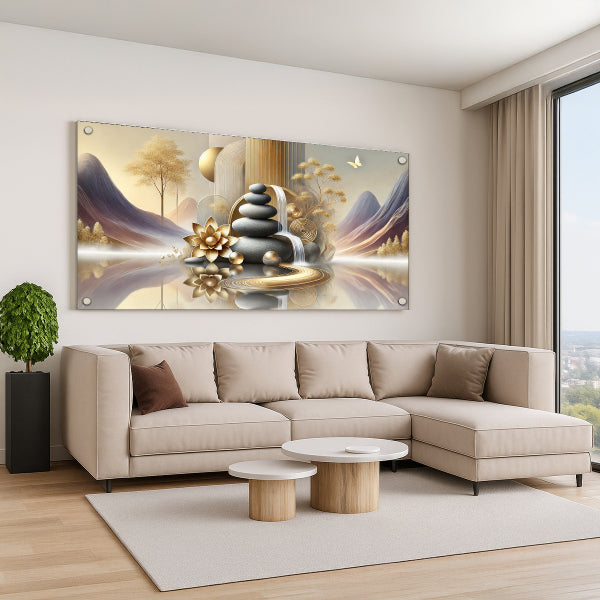 נוף הרים זהוב עם אבני איזון ולוטוס – תמונות לבית