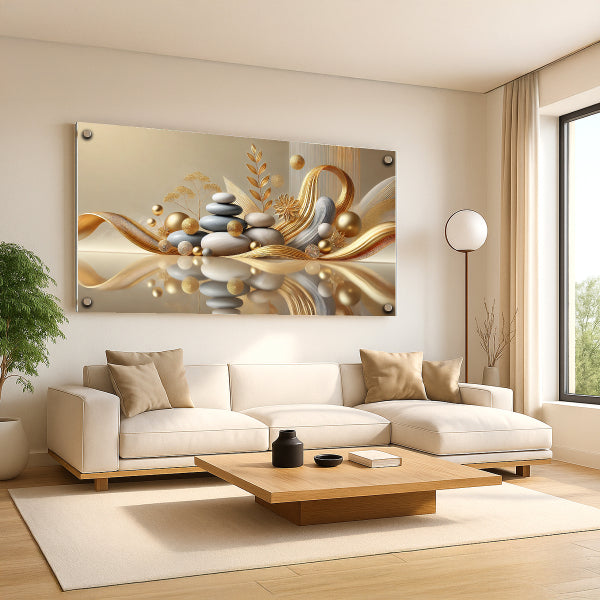 תמונת איזון זהב ואבנים – תמונות זכוכית