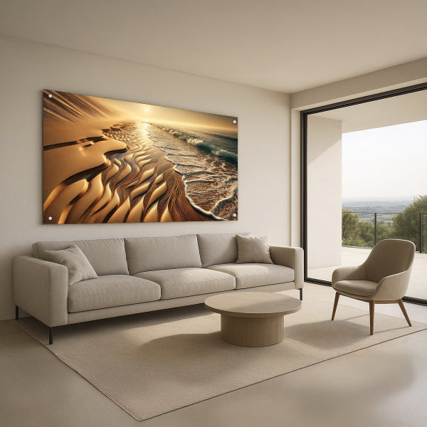 תמונת זכוכית חוף ים זהוב בשקיעה