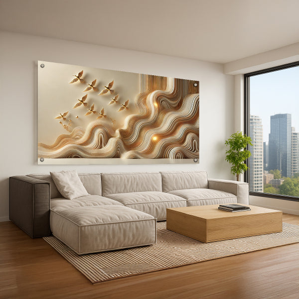 להקת ציפורים זהובות במעוף – תמונות זכוכית