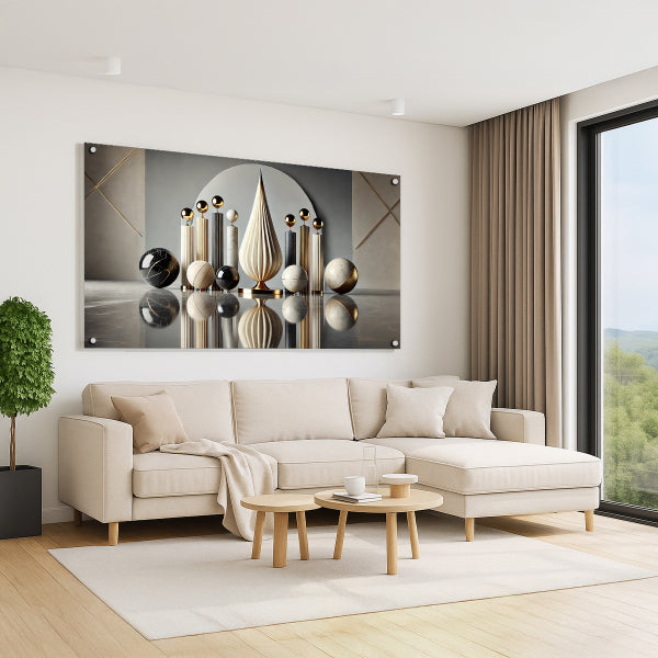 תמונת זכוכית אלגנטית בגווני זהב ושחור בעיצוב סימטרי מודרני