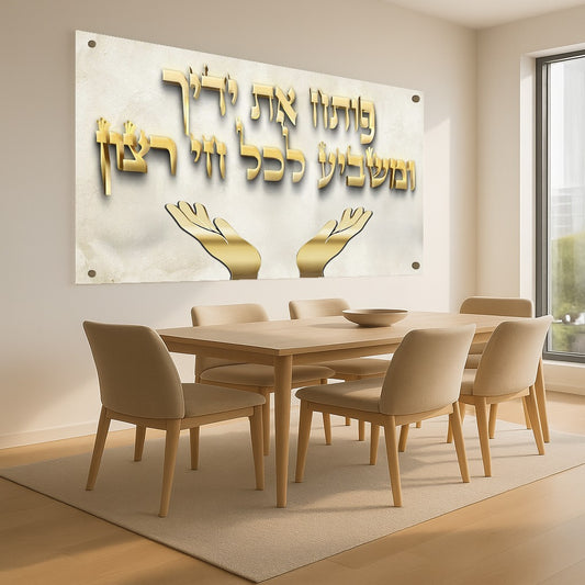 תמונת זכוכית פותח את ידיך בגווני זהב על רקע בז’ יוקרתי