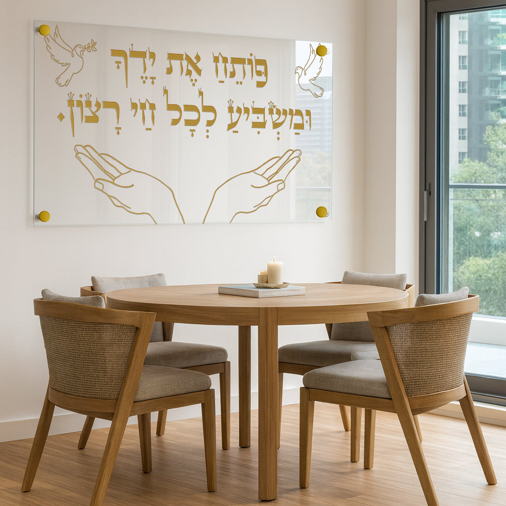 ברכת פותח את ידיך בזהב על זכוכית שקופה עם יונים – תמונת זכוכית מעוצבת