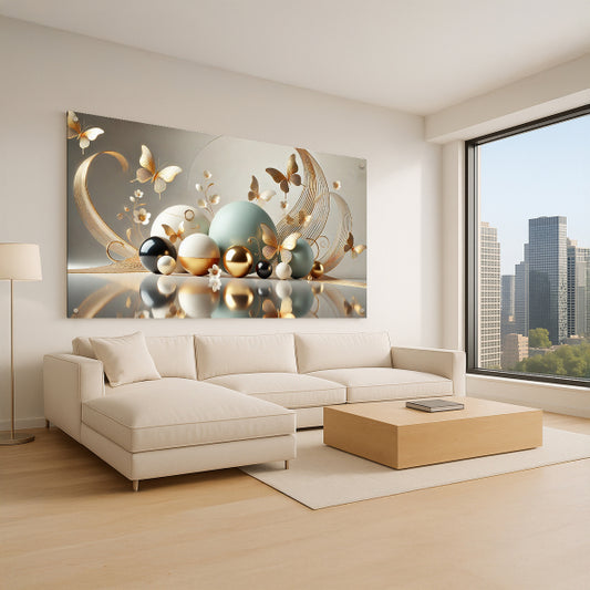 תמונת זכוכית עם פרפרי זהב וכדורים מבריקים בעיצוב מודרני יוקרתי