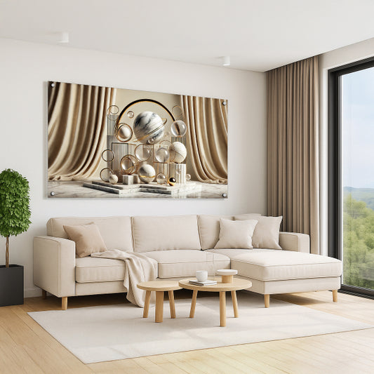 תמונת זכוכית יוקרתית עם וילונות זהב וכדורי שיש בעיצוב מודרני לסלון