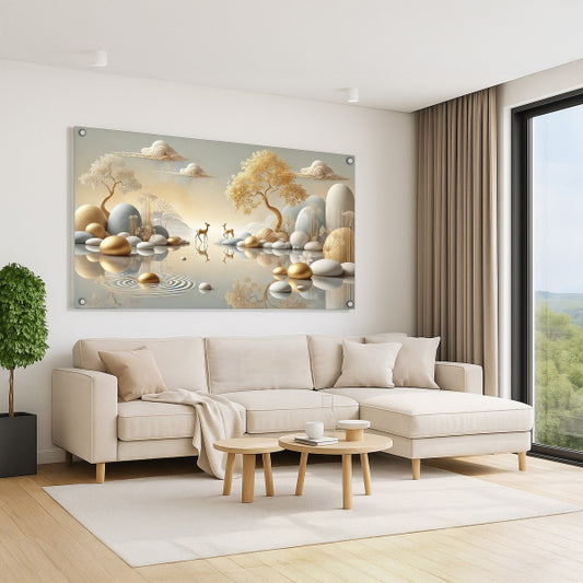 איילים באגם זהוב – הדפסה על זכוכית