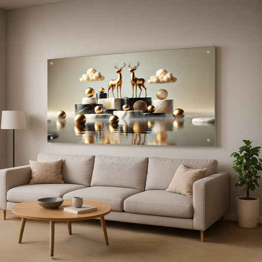 זוג איילים מוזהבים על רקע שיש – תמונות זכוכית