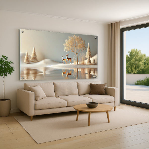 הדפסה על זכוכית איילים בשלג זהוב