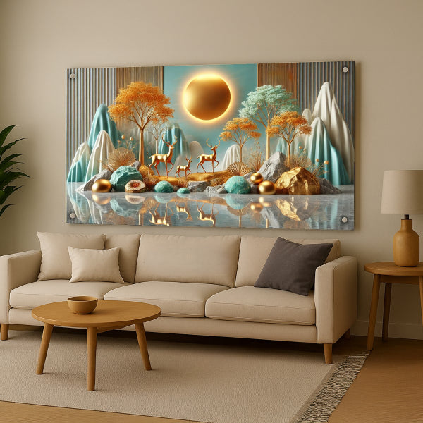 הדפסה על זכוכית נוף זהב עם איילים