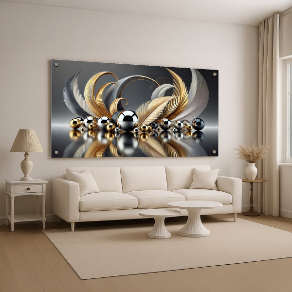 תמונת זכוכית נוצות זהב וכסף בעיצוב יוקרתי