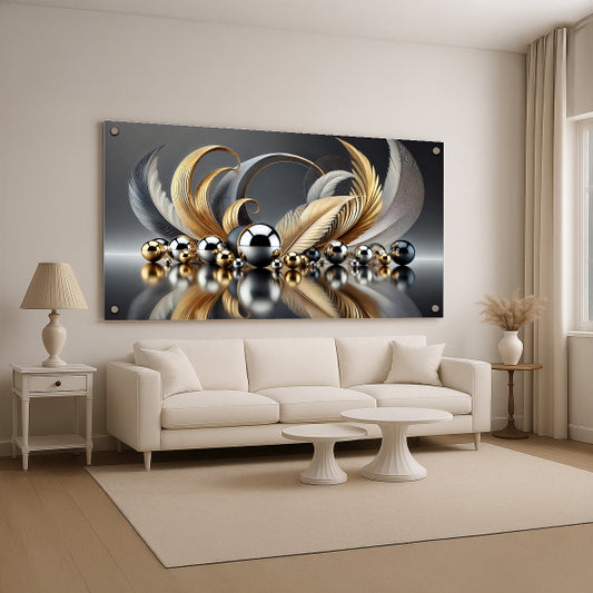 תמונת זכוכית נוצות זהב וכסף בעיצוב יוקרתי