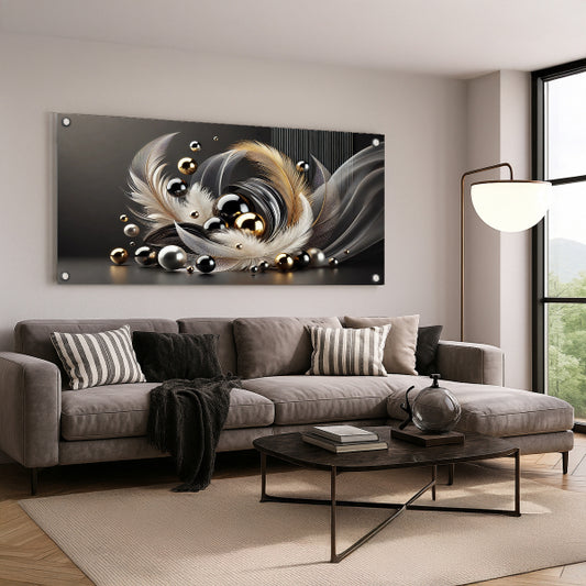 תמונת זכוכית נוצות זהב ושחור מעוצבת לסלון