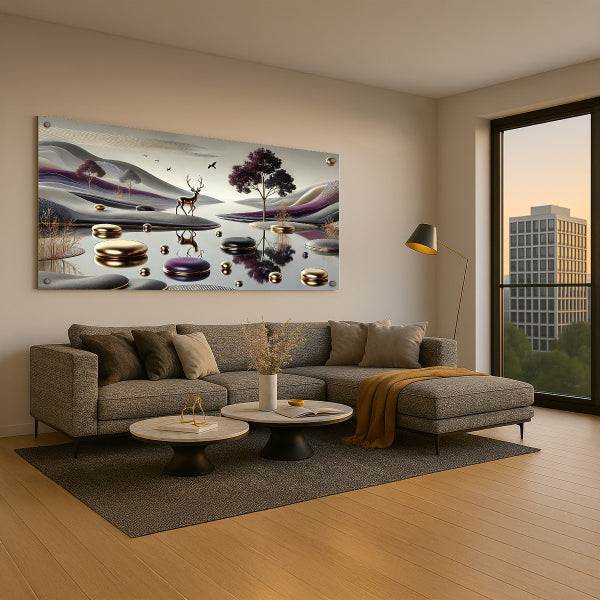 איילים ביער זהוב ליד נהר – תמונות זכוכית