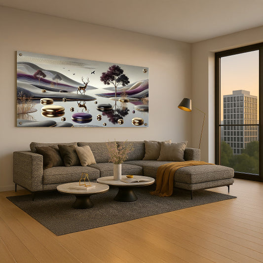 איילים ביער זהוב ליד נהר – תמונות זכוכית