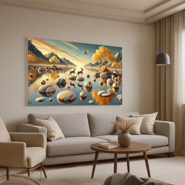 תמונות זכוכית איילים בנוף זהוב לצד האגם