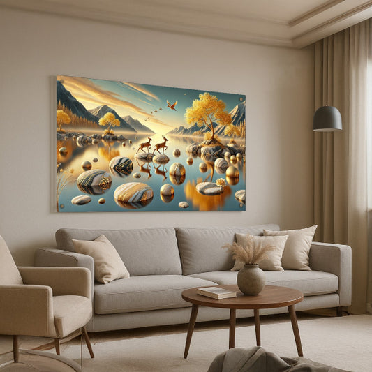 תמונות זכוכית איילים בנוף זהוב לצד האגם