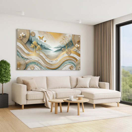 תמונת זכוכית נוף זהוב עם עצים