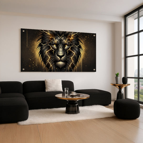 אריה זהוב בחשמל אמנותי – הדפסה על זכוכית