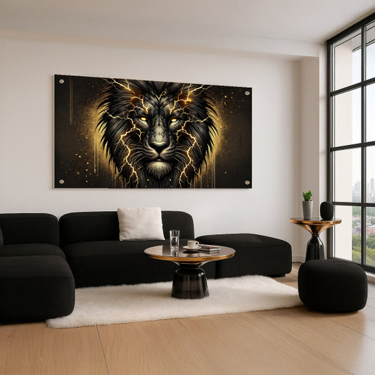 אריה זהוב בחשמל אמנותי – הדפסה על זכוכית