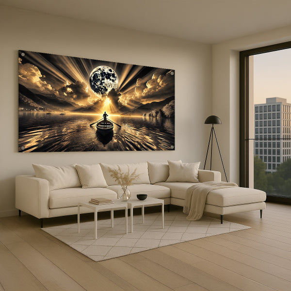 תמונת זכוכית ירח זהוב וסירה