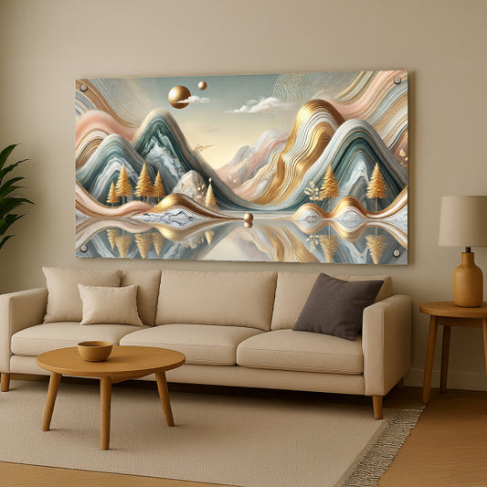 נוף הרים מוזהב ומים רגועים – תמונות לבית