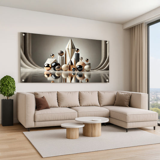 תמונת זכוכית פירמידות זהב בעיצוב גיאומטרי מודרני