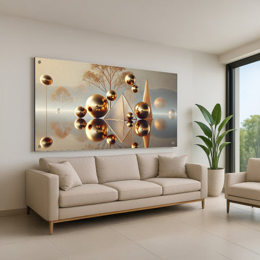 תמונת זכוכית זהובה מודרנית עם כדורים מטאליים