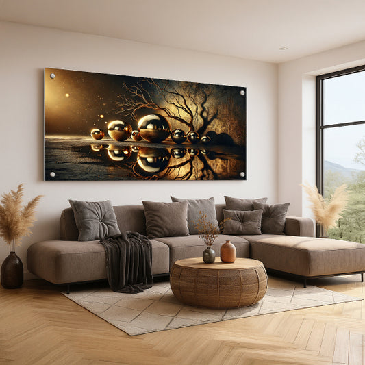 כדורי זהב בשקיעה על מים – תמונות זכוכית