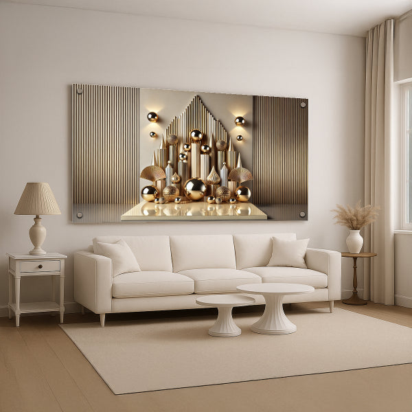 תמונת זכוכית יוקרתית בגווני זהב ושמנת עם תאורה סימטרית מודרנית