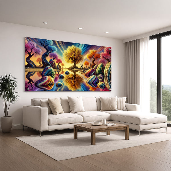 עץ זהוב בנוף צבעוני – תמונות זכוכית
