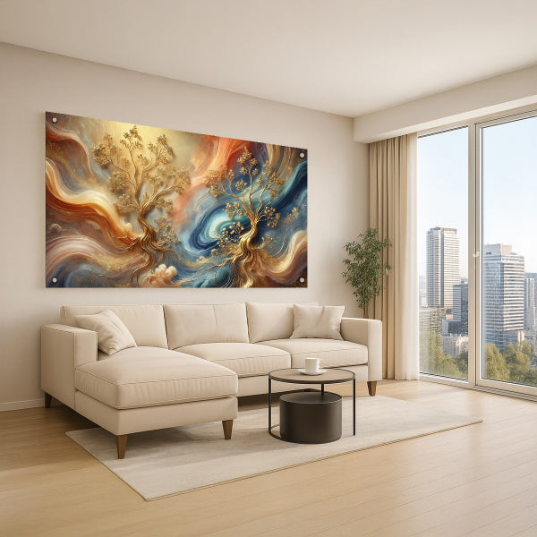 תמונת זכוכית עצים בצבעי זהב וכחול