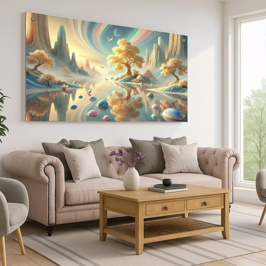 תמונות זכוכית נוף חלומי של עצים וזהב על פני מים