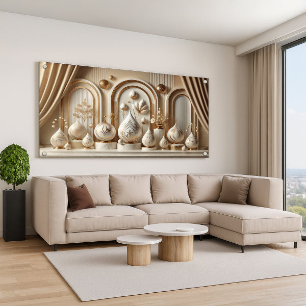 תמונת זכוכית בעיצוב אגרטלים לבנים עם עיטורי זהב יוקרתיים