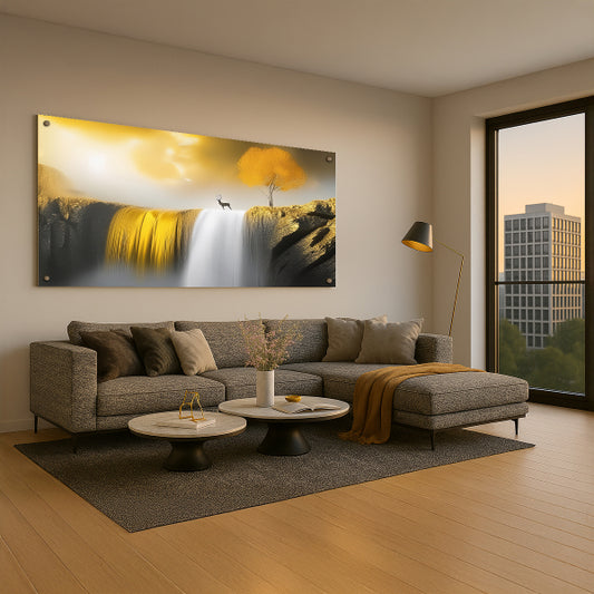 תמונת זכוכית מפל זהב ועץ כתום