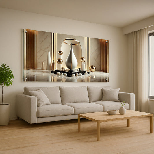 תמונת זכוכית יוקרתית של כדורי זהב ולבן בעיצוב מודרני