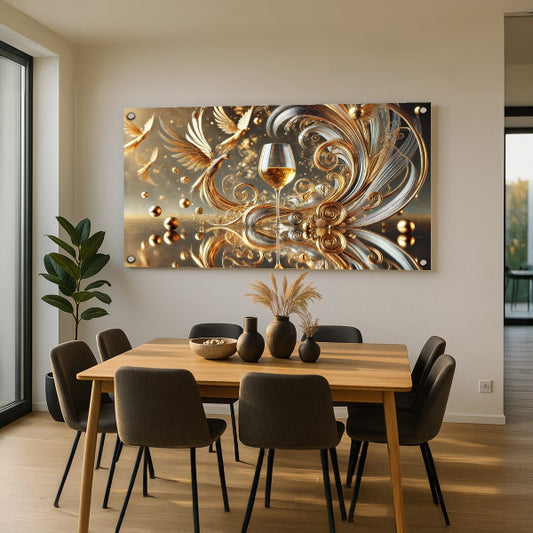 תמונה יוקרתית על זכוכית עם גביע יין ואלמנטים זהובים מרחפים בעיצוב מודרני