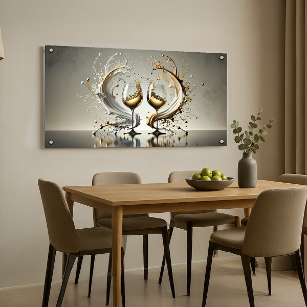 תמונה על זכוכית לפינת אוכל של גביעי יין בהתנגשות בצבעי זהב ושמנת