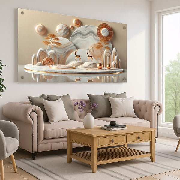 תמונות זכוכית איילים על רקע הרים ועולמות זהובים