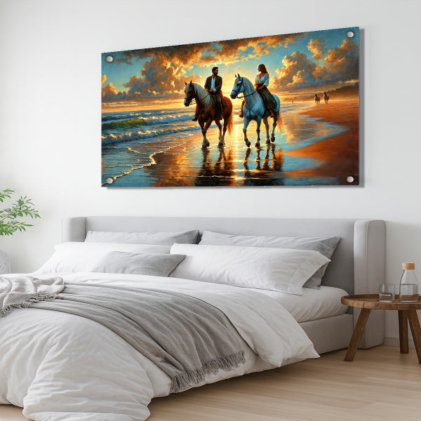 תמונת זכוכית זוג רוכבים בשקיעה